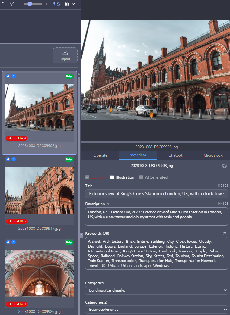 AI-generated metadata panel with title, description, and keywords