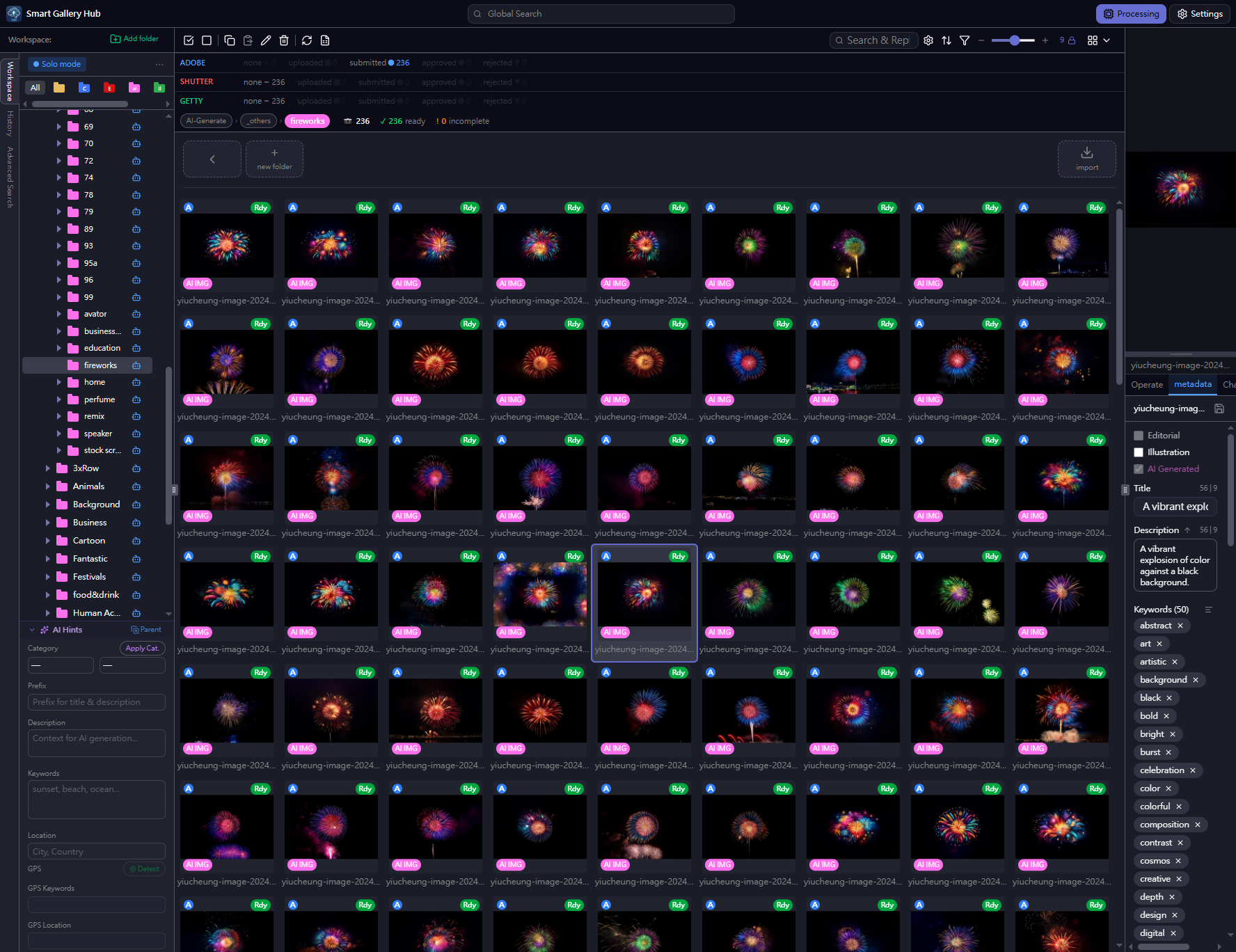 AI-generated metadata panel with title, description, and keywords