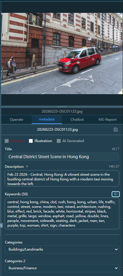 AI-generated editorial caption with auto-filled GPS location and date for a stock photo