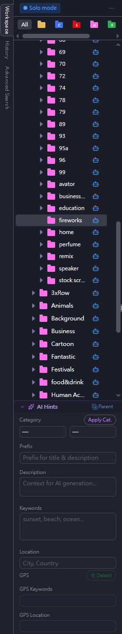 Content type folder organization — Default, Commercial, Editorial, AI Generated, Illustration
