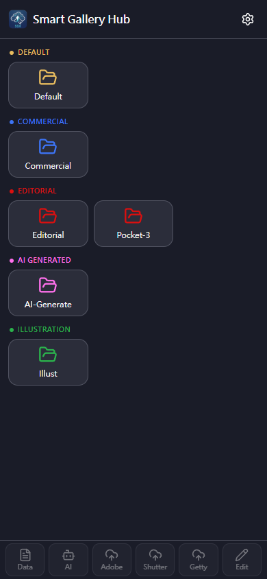 Smart Gallery Hub mobile interface showing content type folders