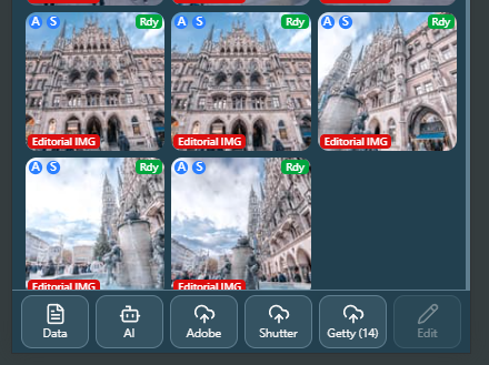 Smart Gallery Hub mobile operation bar with AI, Adobe, Shutterstock, and Getty submission buttons