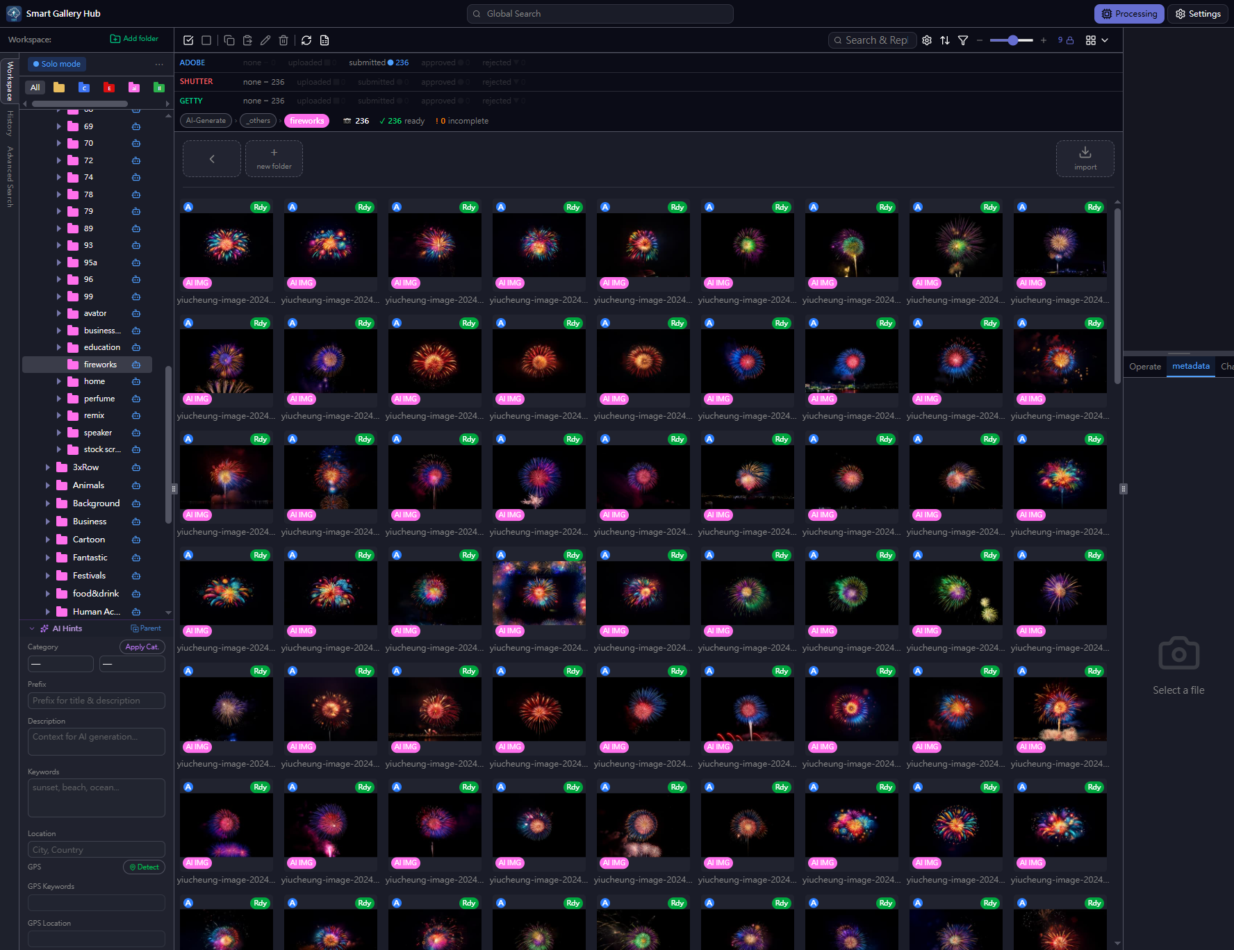 Smart Gallery Hub workspace showing image library with metadata panel and content type folders