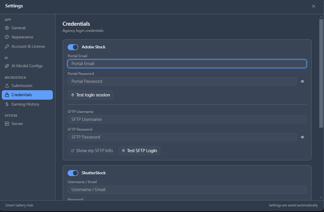 Credentials panel with Adobe Stock fields