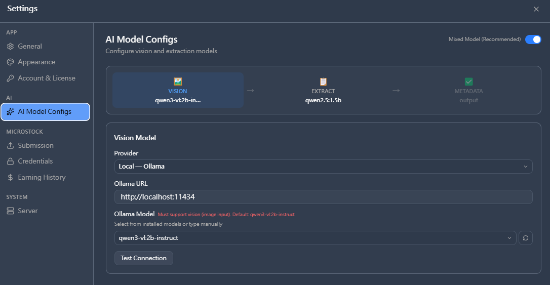 AI Model Configs panel