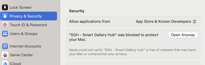 Privacy & Security panel with SGH blocked notice and Open Anyway button