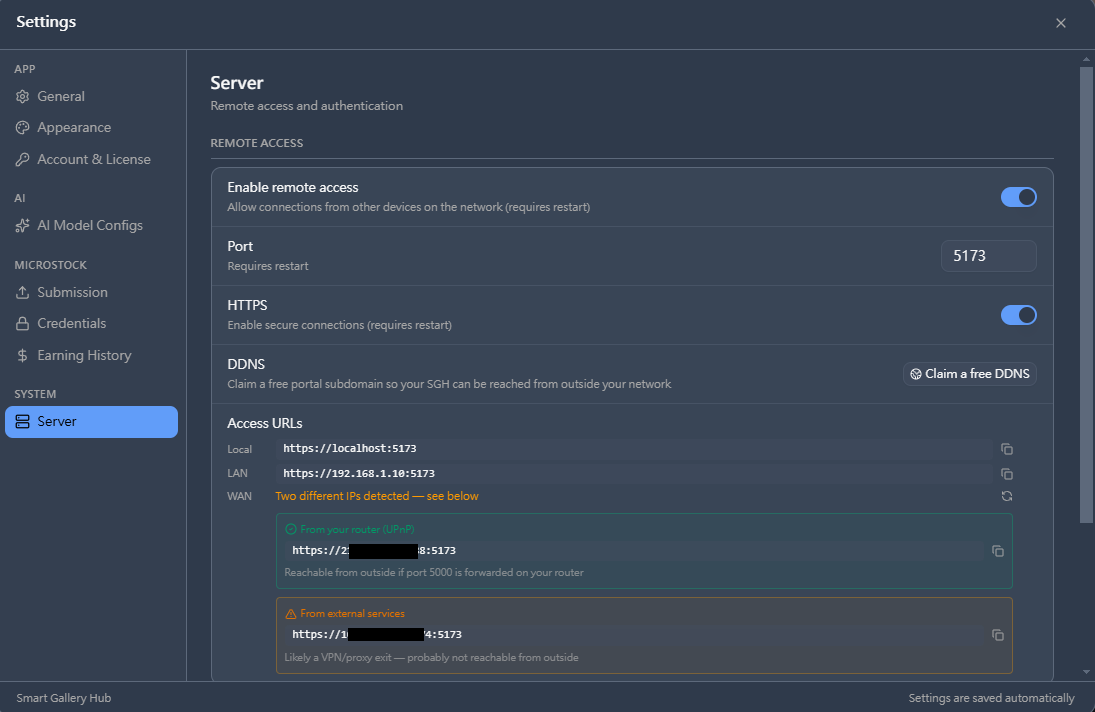 Server settings panel with Enable remote access on, Port 5173, HTTPS on, DDNS Claim a free DDNS button, and Access URLs showing Local / LAN / WAN entries