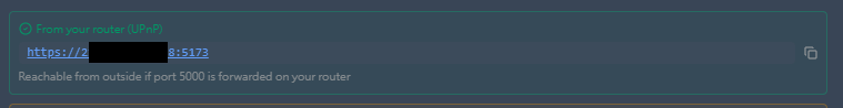 WAN URL block: From your router (UPnP), https://218.103.167.38:5173, Reachable from outside if port 5000 is forwarded on your router