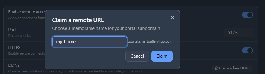 Claim a remote URL dialog with my-home.portal.smartgalleryhub.com