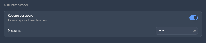 Authentication section with Require password toggled on and a Password field