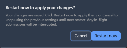 Restart now to apply your changes dialog with Cancel and Restart now buttons