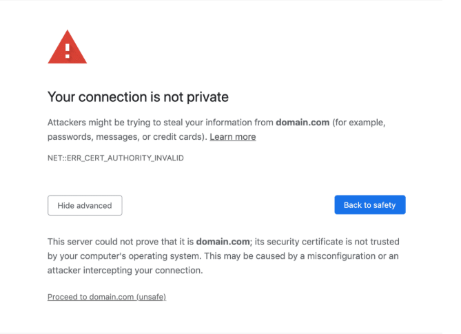 Chrome security warning: your connection is not private, NET::ERR_CERT_AUTHORITY_INVALID, with a continue link at the bottom