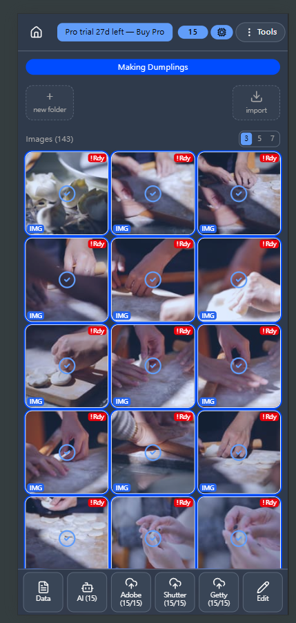 Mobile workspace showing the Making Dumplings folder with 15 image thumbnails and a bottom action bar with Data, AI, Adobe, Shutter, Getty, Edit buttons